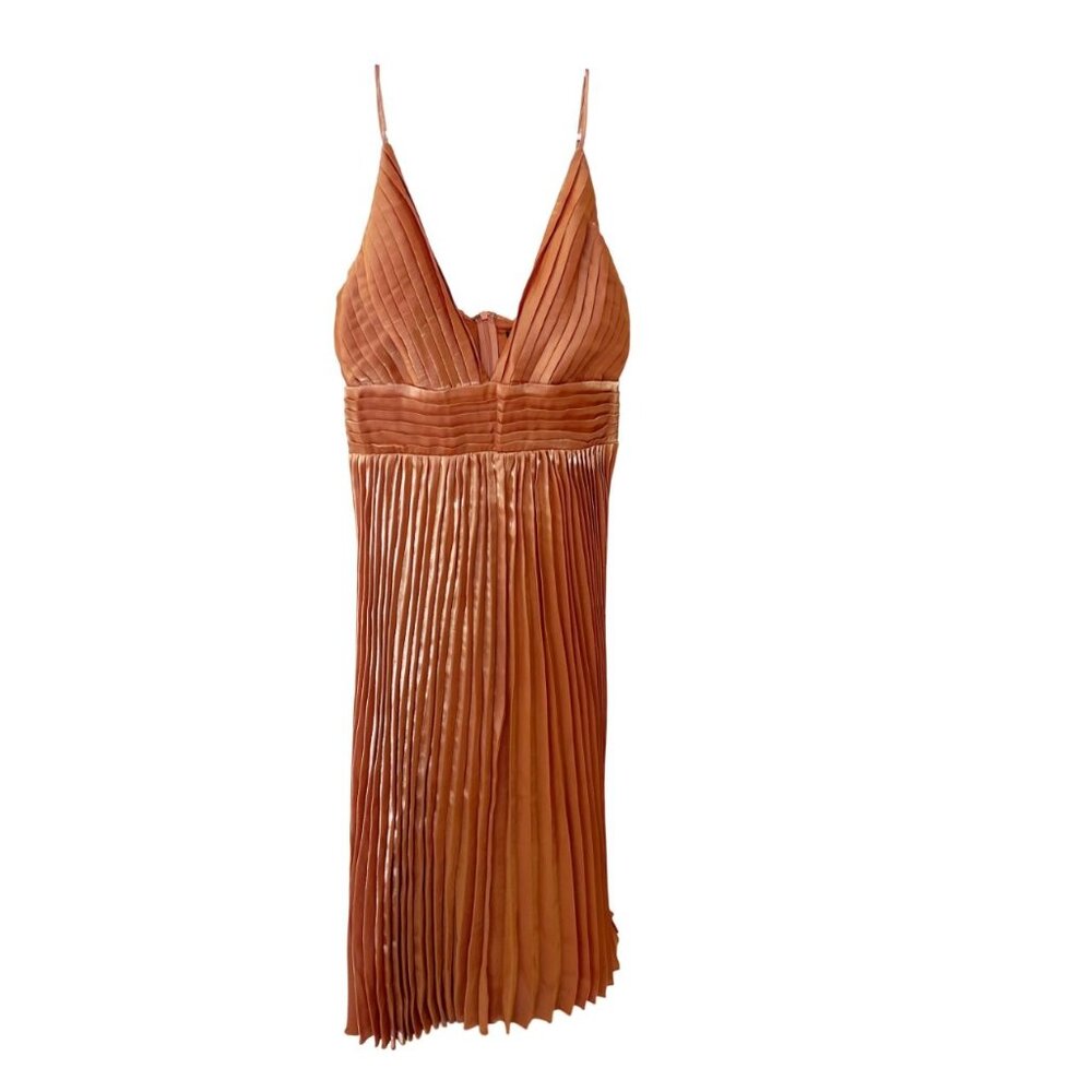 NEW Lulus Romantic Aesthetic Shiny Rust Orange Pleated Midi‎ Dress Size MEDIUM